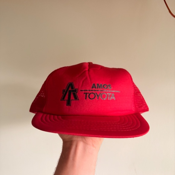 Vintage AMOS TOYOTA CAR DEALERSHIP trucker hat red mesh snapback - Picture 2 of 8